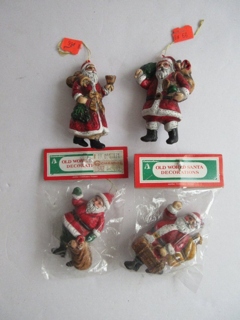 4 Commodore Old World  Santa Claus 3"  Plastic Christmas Ornament Vintage 1980s